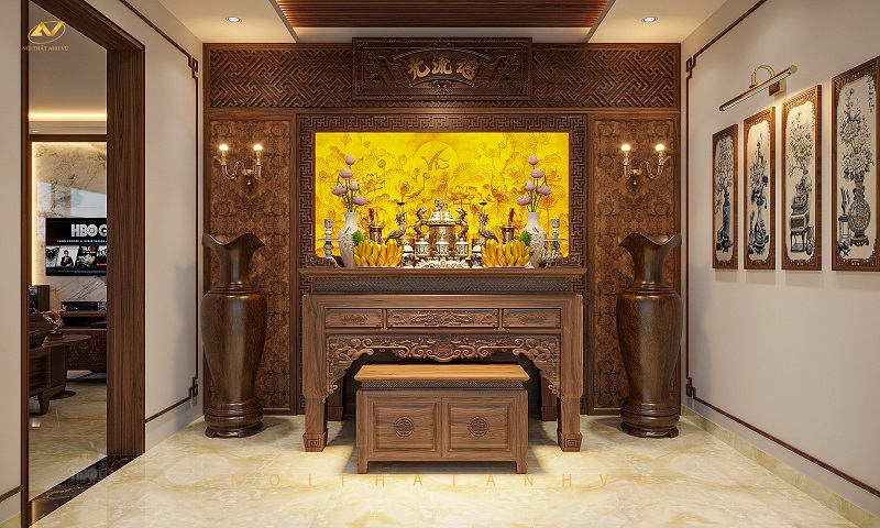 Mẫu nội thất phòng thờ gỗ óc chó trang nghiêm, thành kính 1 Mẫu nội thất phòng thờ gỗ óc chó trang nghiêm, thành kính 1