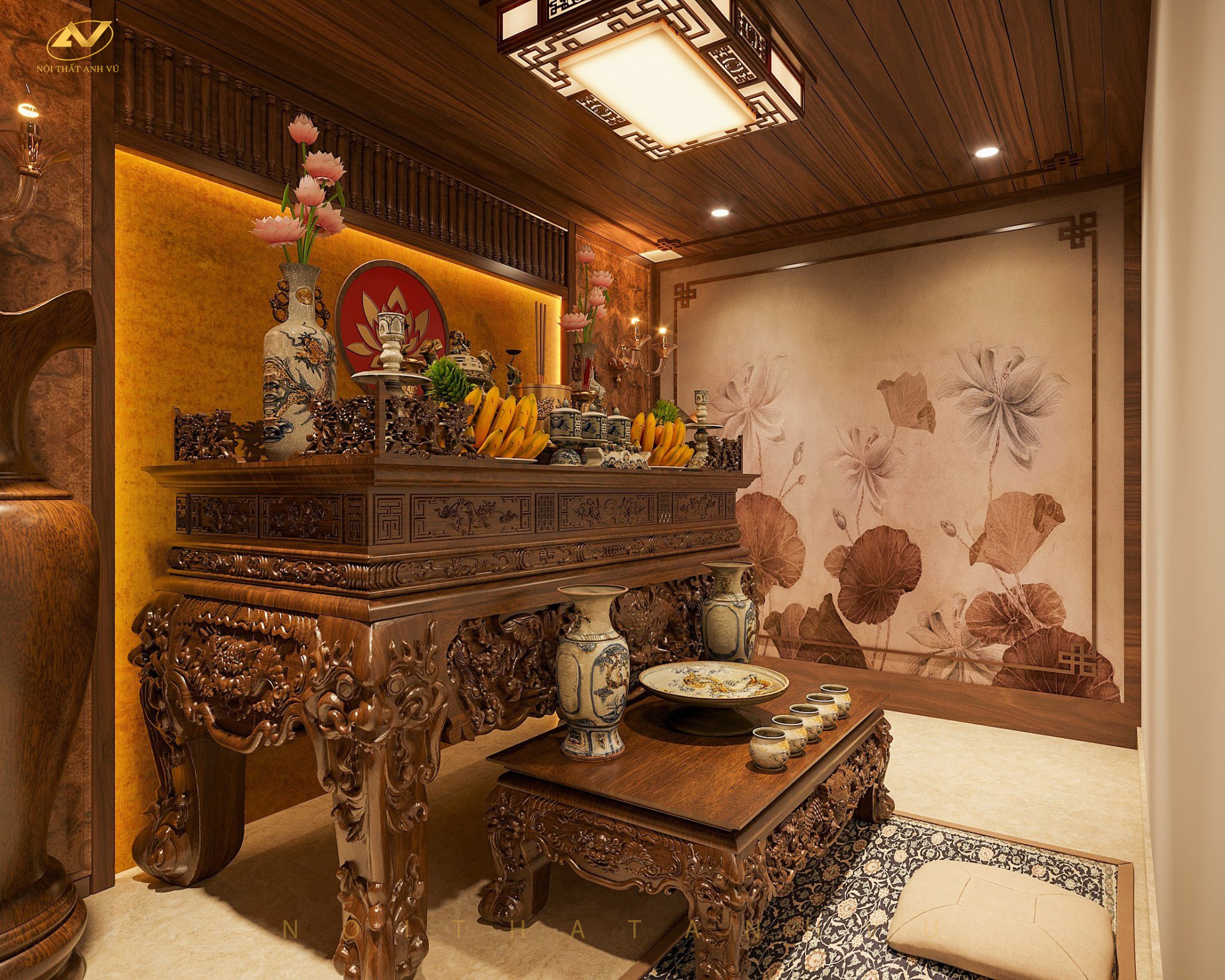 Mẫu nội thất phòng thờ gỗ óc chó trang nghiêm, thành kính 22 Mẫu nội thất phòng thờ gỗ óc chó trang nghiêm, thành kính 14