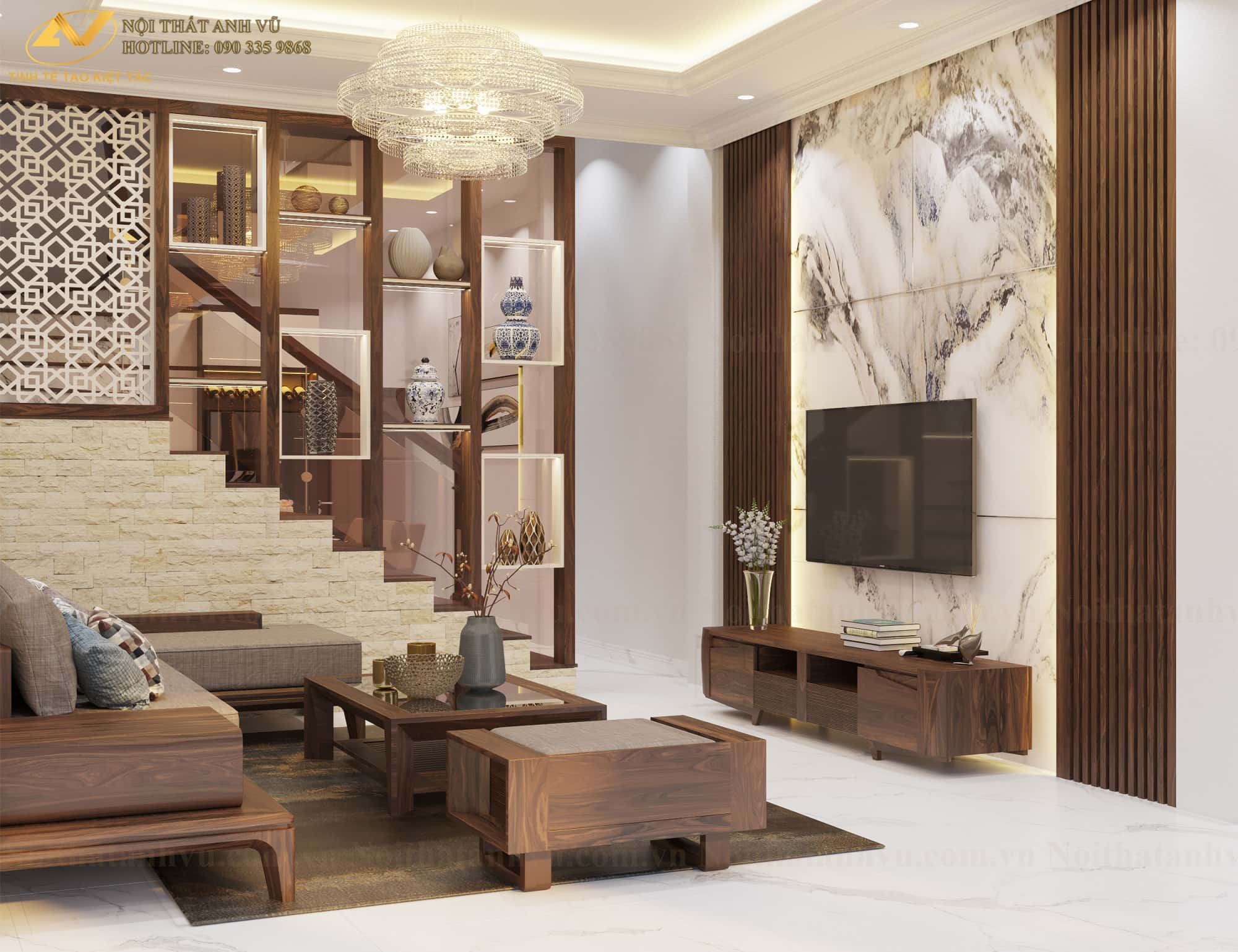 Nội thất nhà phố gỗ óc chó sang trọng - Nội thất Anh Vũ