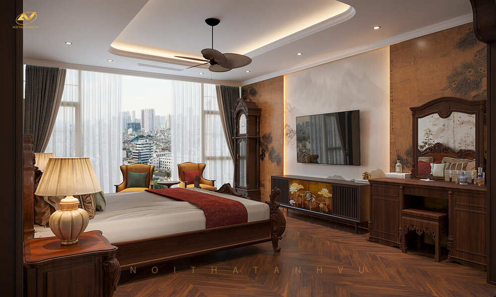 Nội thất phòng ngủ tân cổ điển gỗ tự nhiên